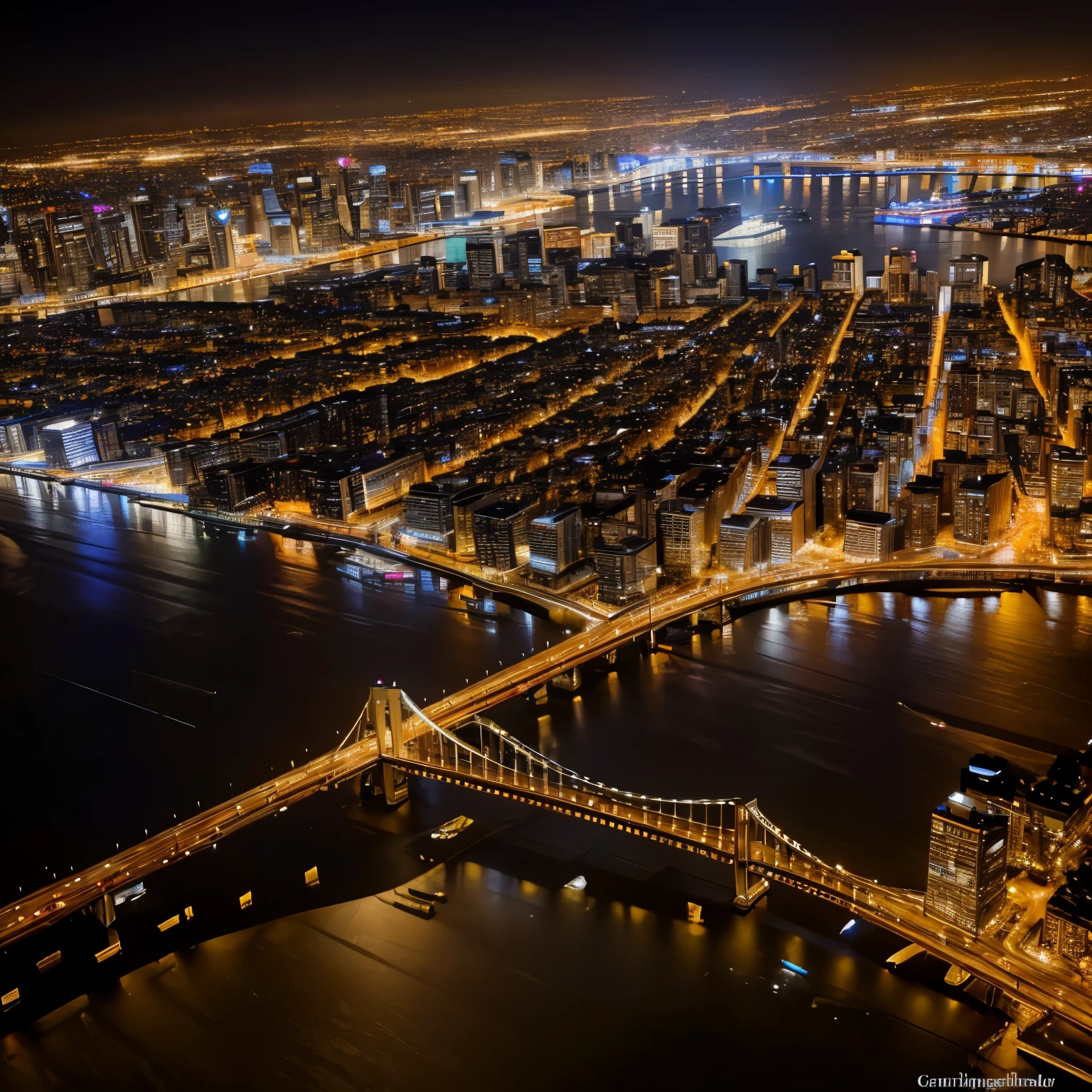 finest image, 8k, RAW photo, realistic, detailed, delicate, flashy and dynamic depiction, aerial view, glittering night view of the big city, bay coast, golden dust rain, (magnificent view:1.2)