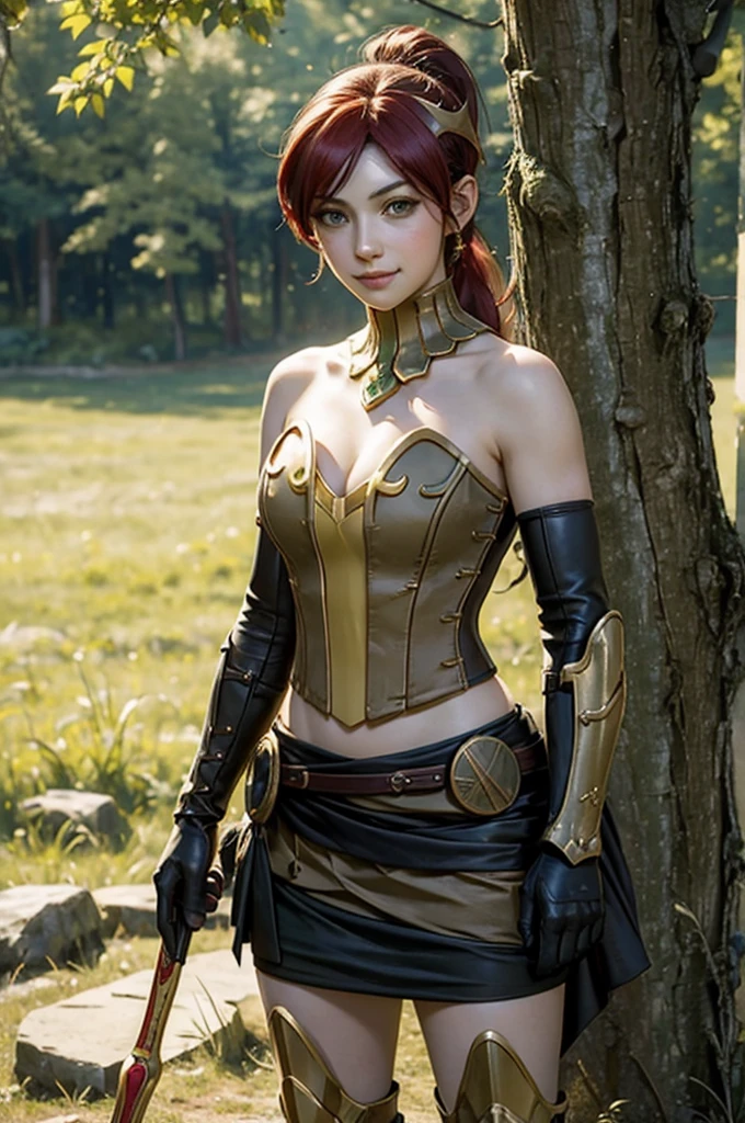 masterpiece, best quality, pyrrha nikos, ponytail, circlet, bustier, large breasts, skirt, elbow gloves, bracers, armored boots, upper body, holding shield, looking at viewer, furrowed brow, smile, forest