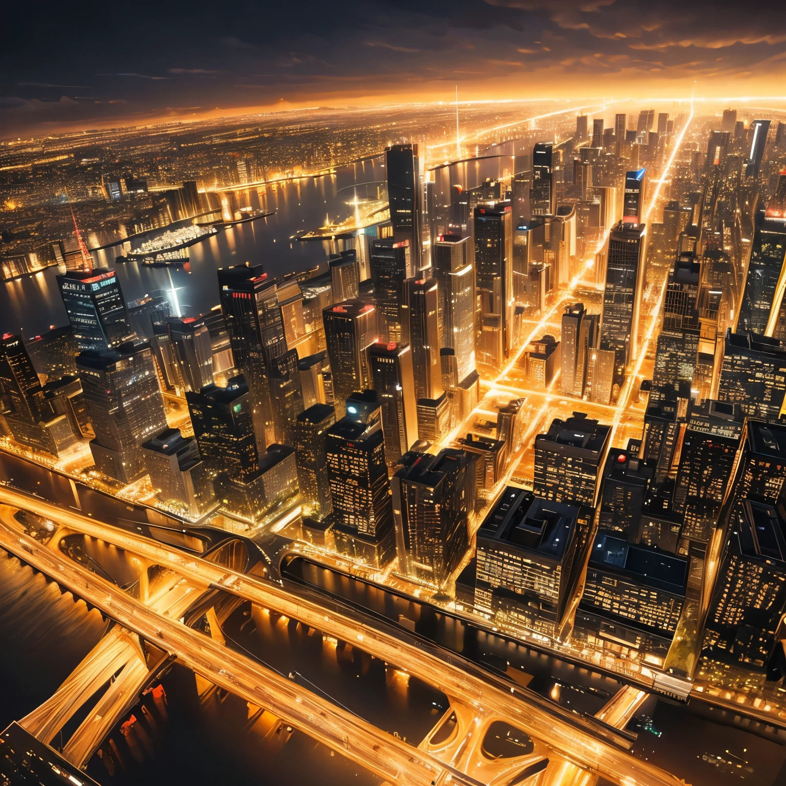 finest image, 8k, RAW photo, realistic, detailed, delicate, flashy and dynamic depiction, aerial view, glittering night view of the big city, bay coast, golden dust rain, (magnificent view:1.2)