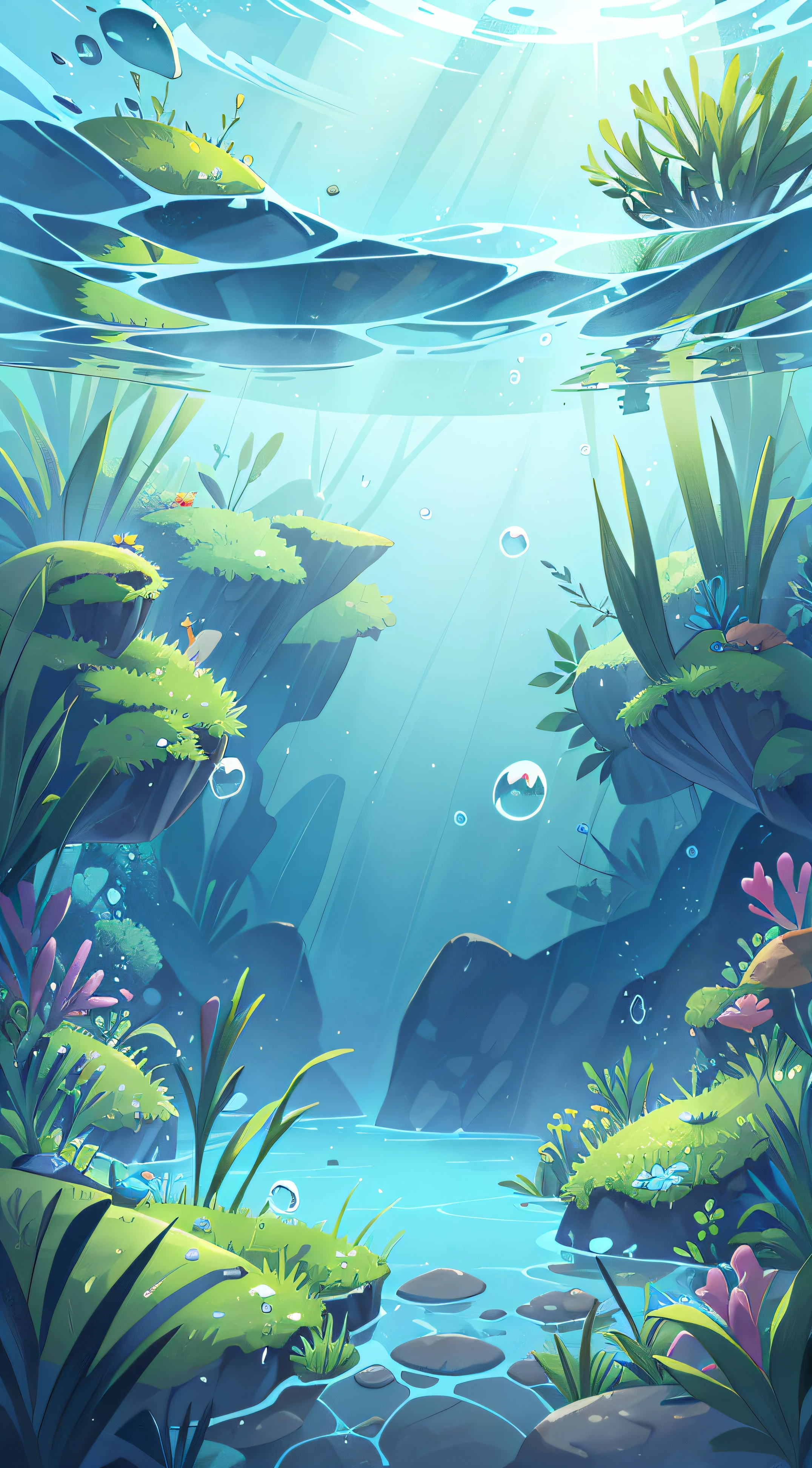 underwater landscape, It&#39;s like looking from below. The water is crystal clear, let the sun shine through it，Light up the landscape. The scene is dominated by blue and green colors, Creates a tranquil and peaceful effect. scene completed，Small bubbles floating on the water.