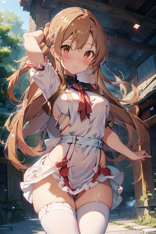 Asuna, 1girl, blush, masterpiece, best quality, ultra-detailed, ray tracing, perfect lighting, 1girl, solo, perfect anatomy, detailed image, natural skin texture, sexy body, delicate eyes, detailed eyes, nsfw, no panties, showing her pussy, lustful, perfect pussy, open pussy, thinner waist, wide hips, thick thighs, better lighting.