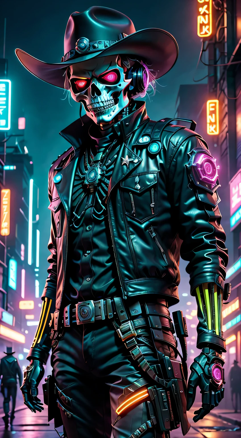 cyber punk personage,Skeleton Robot Cowboy Sheriff,Mysterious dark background,neonlight,cybernetically enhanced,Weapons of the future,wearing a cowboy hat+neonlight边缘,Bionic arm,metal chin,red luminous eyes,dystopian city,Focus sharp,Steel texture,vibrant with colors,concept art style.(Best quality,4K,8K,A high resolution,tmasterpiece:1.2),ultra - detailed,(actual,photoactual,photo-actual:1.37),