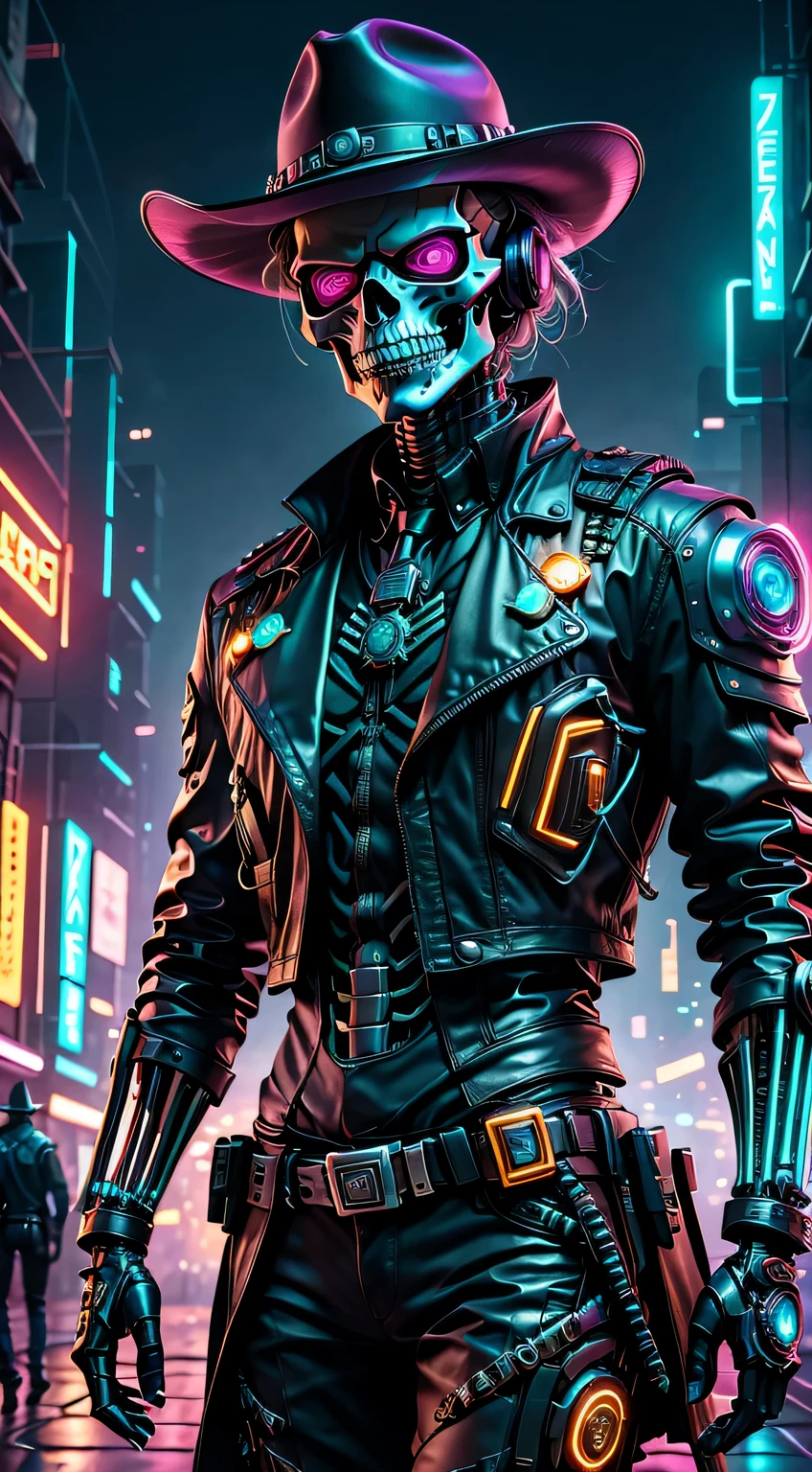 cyber punk personage,Skeleton Robot Cowboy Sheriff,Mysterious dark background,neonlight,cybernetically enhanced,Weapons of the future,wearing a cowboy hat+neonlight边缘,Bionic arm,metal chin,red luminous eyes,dystopian city,Focus sharp,Steel texture,vibrant with colors,concept art style.(Best quality,4K,8K,A high resolution,tmasterpiece:1.2),ultra - detailed,(actual,photoactual,photo-actual:1.37),