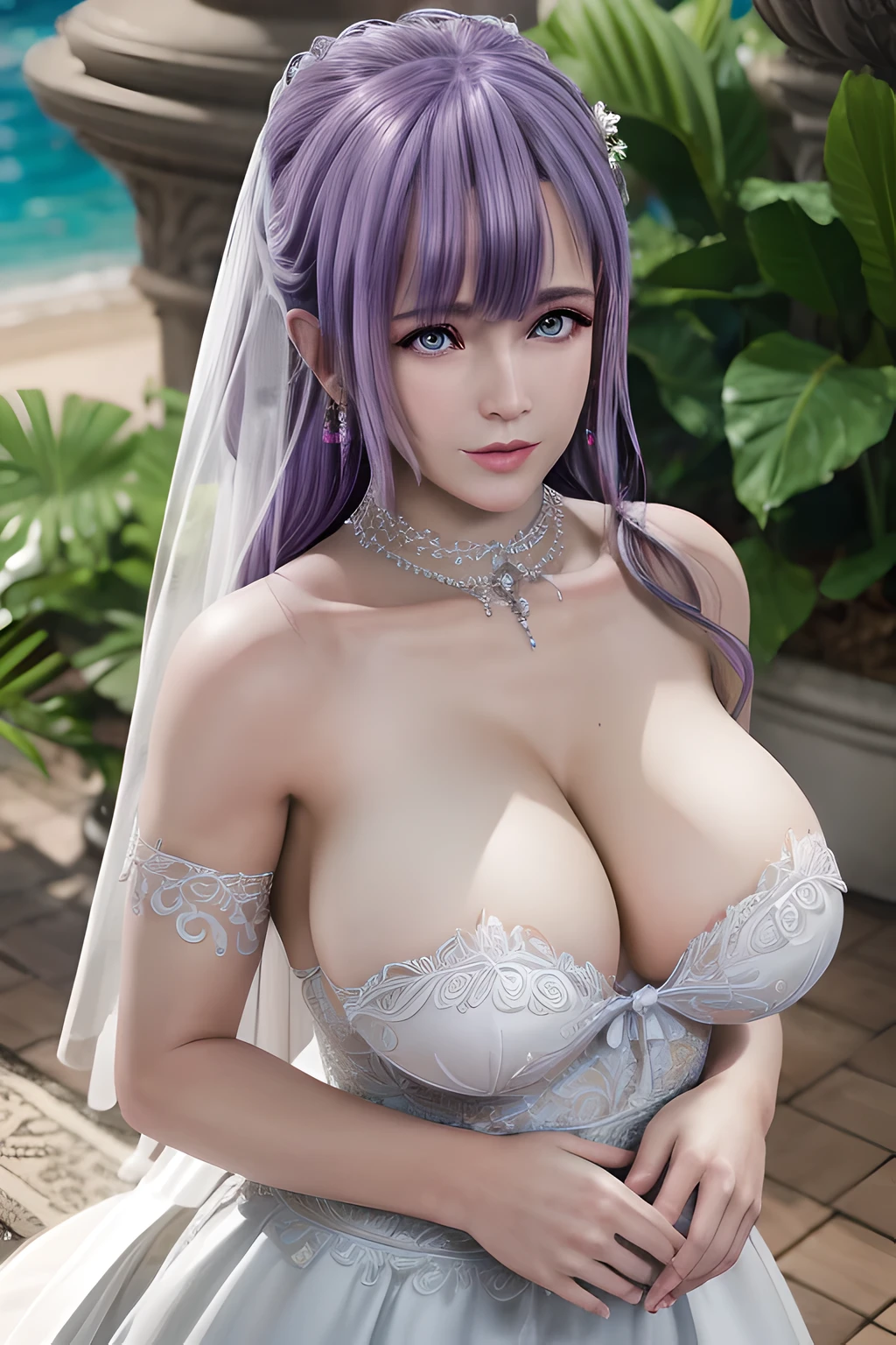 bird's eyes view,1 girl,fiona,(in wedding dresseringed dress),(Tattooed with),Glossy glossy skin,(gigantic cleavage breasts),鎖骨, Chopping,detailed hair,photography of, tmasterpiece, Best quality at best, 8K, HighDynamicRange, A high resolution, absurd res:1.2, Cordas Portela 400, filmgrain, vague background, bokeh:1.2, lens flare glow, (Vivid colors:1.2),full bodyesbian,