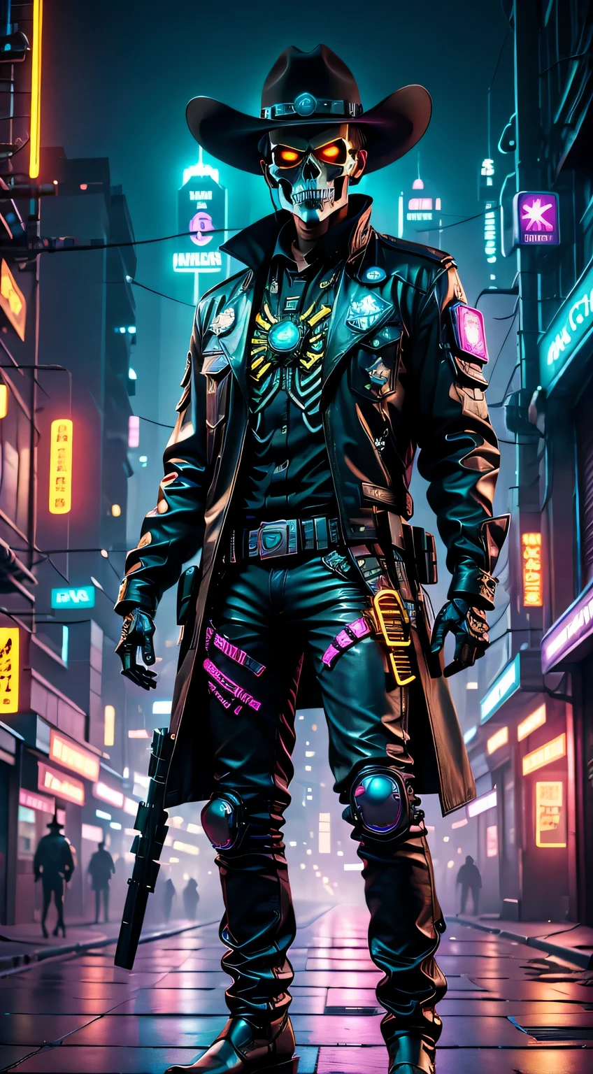 cyber punk personage,Skeleton Robot Cowboy Sheriff,Mysterious dark background,neonlight,cybernetically enhanced,Weapons of the future,wearing a cowboy hat+neonlight边缘,Bionic arm,metal chin,red luminous eyes,dystopian city,Focus sharp,Steel texture,vibrant with colors,concept art style.(Best quality,4K,8K,A high resolution,tmasterpiece:1.2),ultra - detailed,(actual,photoactual,photo-actual:1.37),