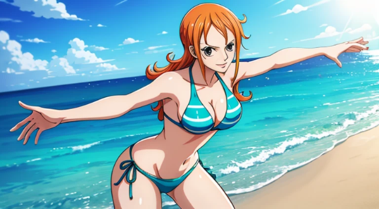 estilo de arte anime,nami from one piece,olhos castanhos,cabelo de rabo de cavalo longo laranja,Corar,playful expression,dynamic pose,wearing bikini, Standing on the beach,shimmering blue seawater, cores vibrantes.
