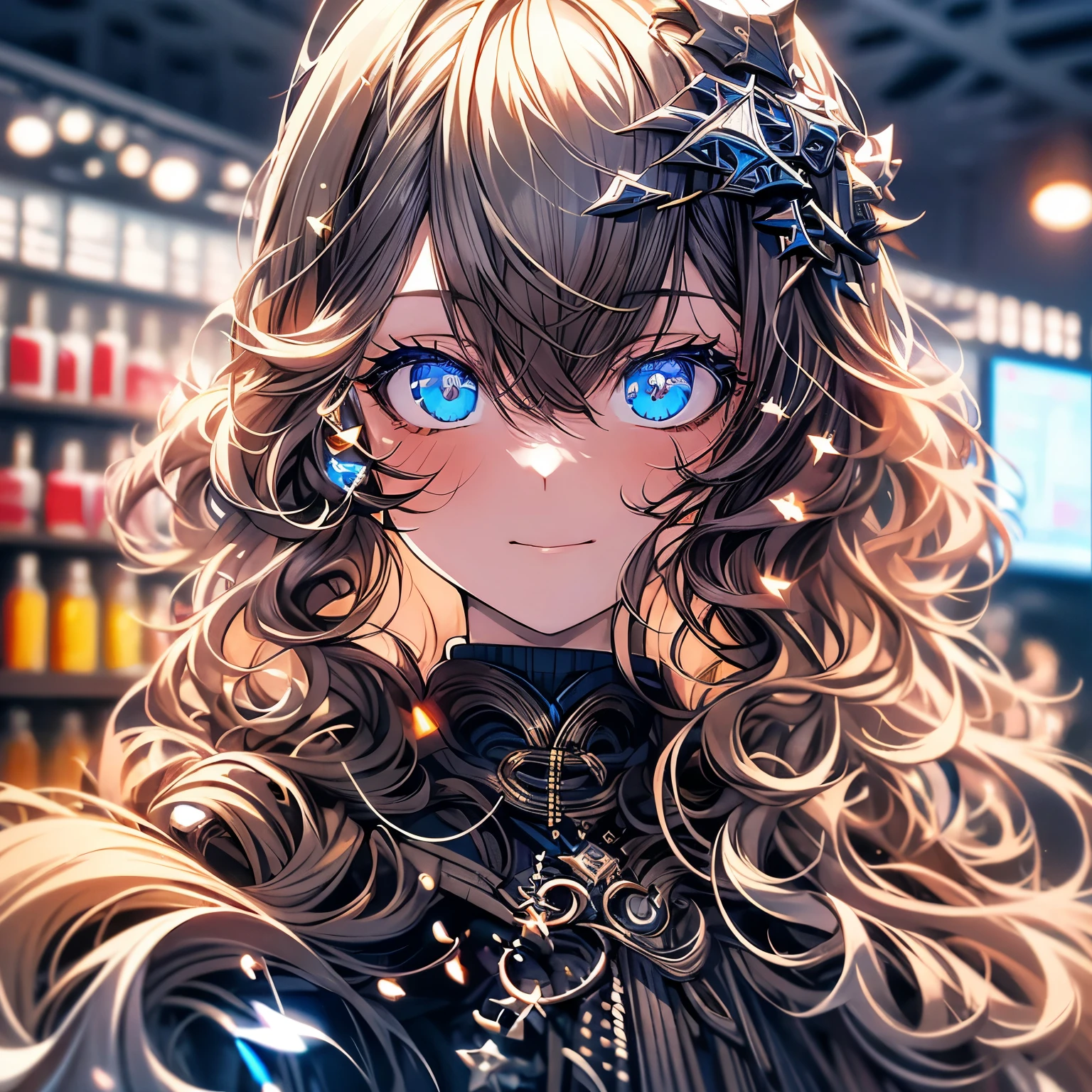 21 years old girl, wavy long hair, dark brown hair colour, blunt bangs, blue eyes