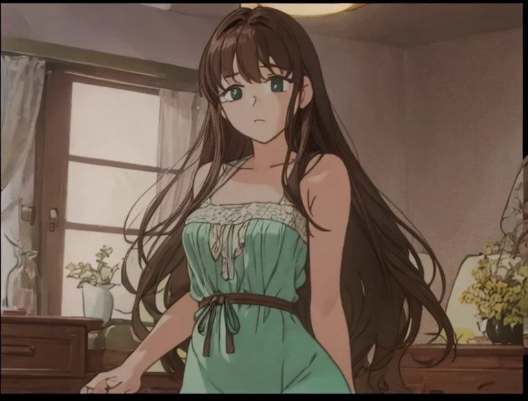A beautiful woman with long brown hair is standing in a Western-style room wearing a green one-piece dress and blushing.。