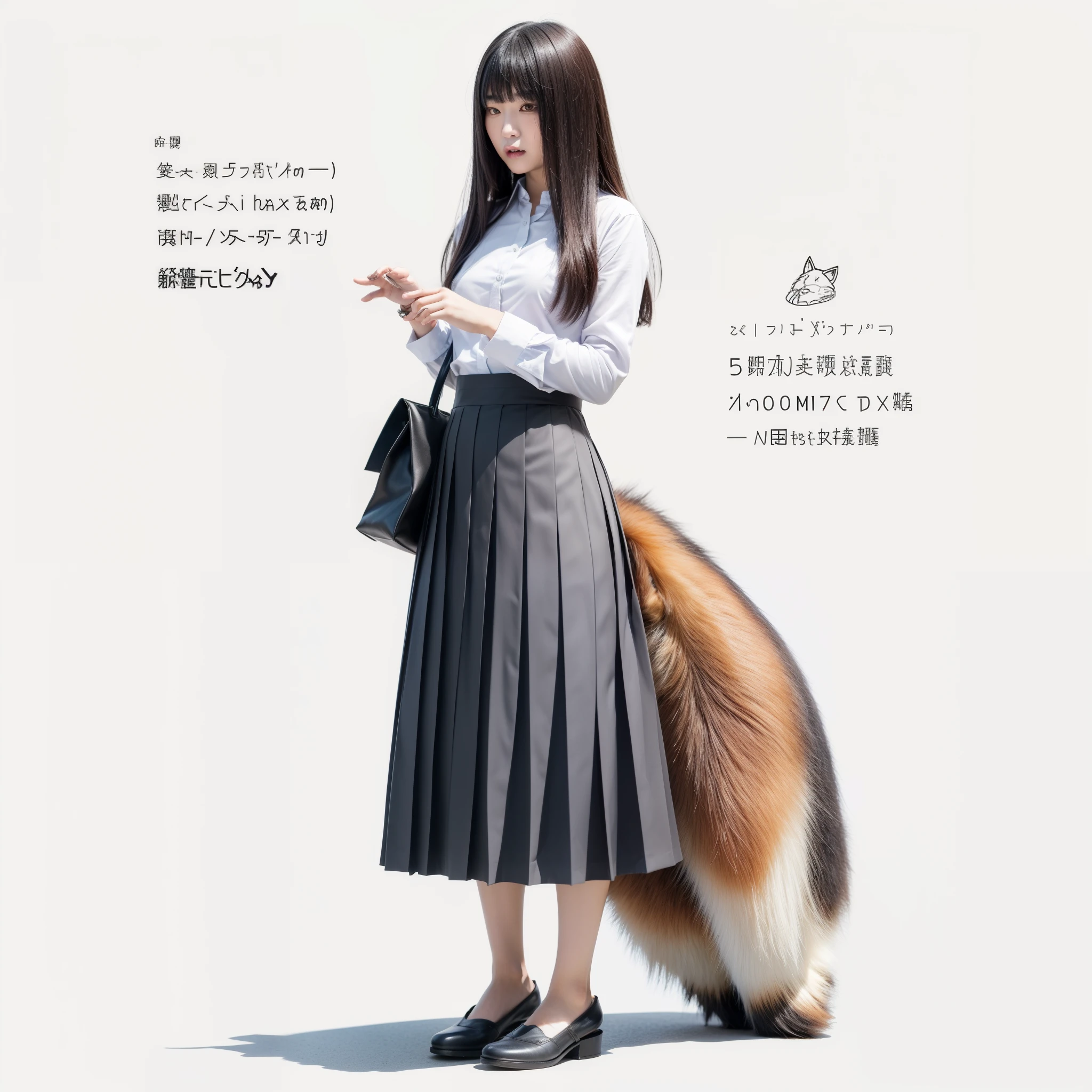 Background of Tokyo&#39;s built-up area, A woman wearing a pleated skirt with a fox tail, anthropomorphic fox, けもの, realistic, a picture, top-quality, Surprised face , Troubled face, Her skirt is flipped up and her tail is visible., Realistic tail, tail