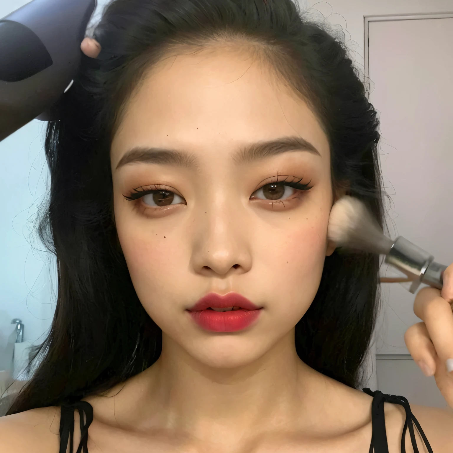 There's a woman who's blow-drying her hair, con cara redonda, maquillaje pesado, Blackpink Jennie, Cara sexy con maquillaje completo, con maquillaje profesional, maquillaje pesado, con mejillas redondas, maquillaje popular de Corea del Sur, maquillaje coreano popular, Sha Xi, labios rojos tenues, south east asian con cara redonda, Small round face, realista. Cheng Yi