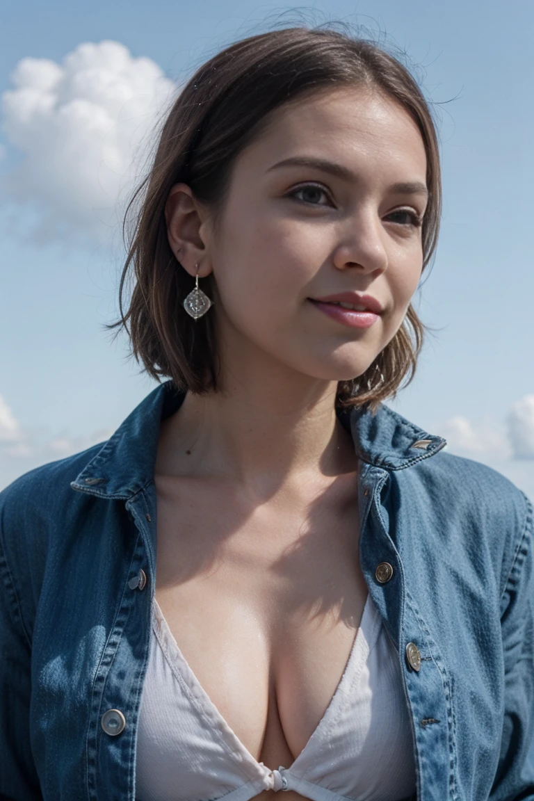 1girl, solo, android 18, blonde hair, blue eyes, short hair, jewelry, earrings, smile, jacket, looking to the side, denim, denim jacket, upper body, lingerie, closed mouth, cloud, sky, day, looking away, blue sky, collarbone,