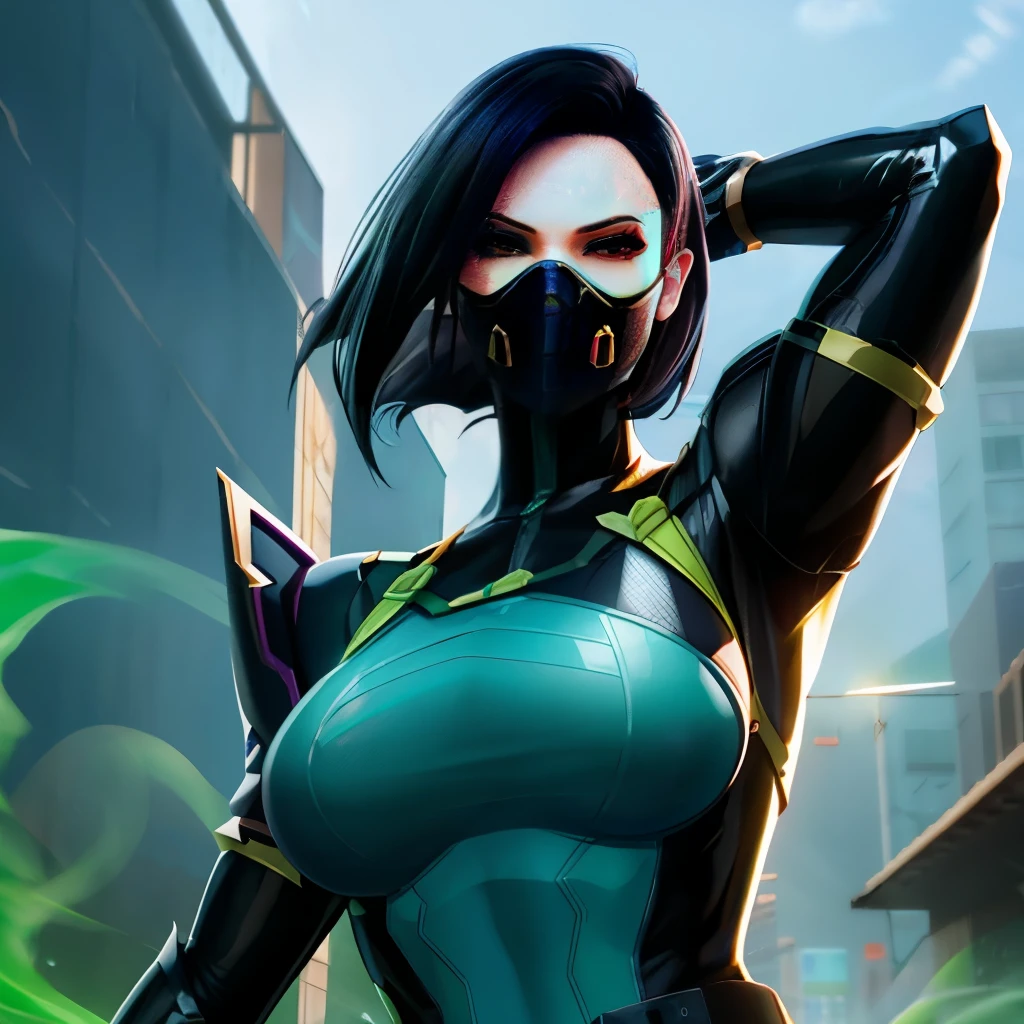 pixel-Viper-Mask mixing chemicals, poison, bodysuit, masterpiece, photorealistic, realistic, caustics, subsurface scattering, dynamic shot, dynamic pose, posing, wind, windy, windswept hair, large breasts, black hair, pale skin