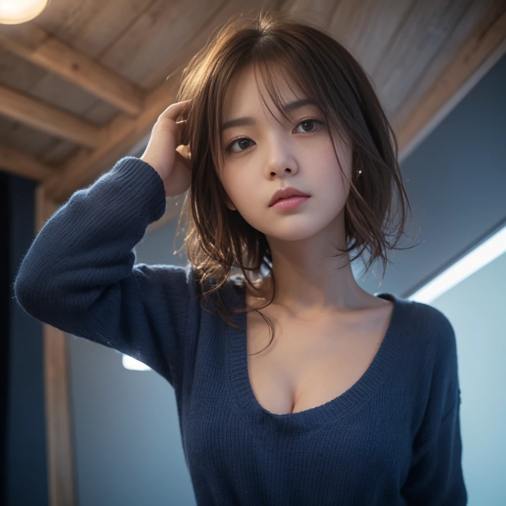 Highest Quality, masterpiece, unbelievably Beautiful, very delicate 8k wallpaper, Beautiful, ultra Detailed, 35mm film, Transcendently Beautiful Girl, Japanese, Cute Girl, 25 years old, (Ecstasy:1.4) , ((extreme close-up face:1,6)) , eye focus, (depth of field ), looking at viewer, ((From directly below)), ((Plump lips)), Short hair, hair messy, Wavy Hair, Black hair, Brown eyes, dropping eyes, Beautiful breasts, Sweaters, {{ few freckle}}, Bedrooms, (dark blue light:1.4), dark illumination, inside in room, night room, ceiling, Detailed face, Detailed eyes