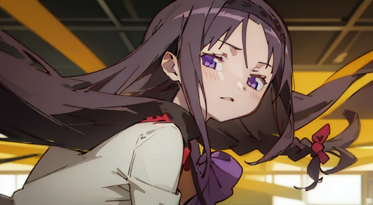 ((Best Quality)), ((masutepiece)), 1girl in，Detailed details，1girl in，long head of hair，Black headband，Purple hair，straight haired，Black clothes