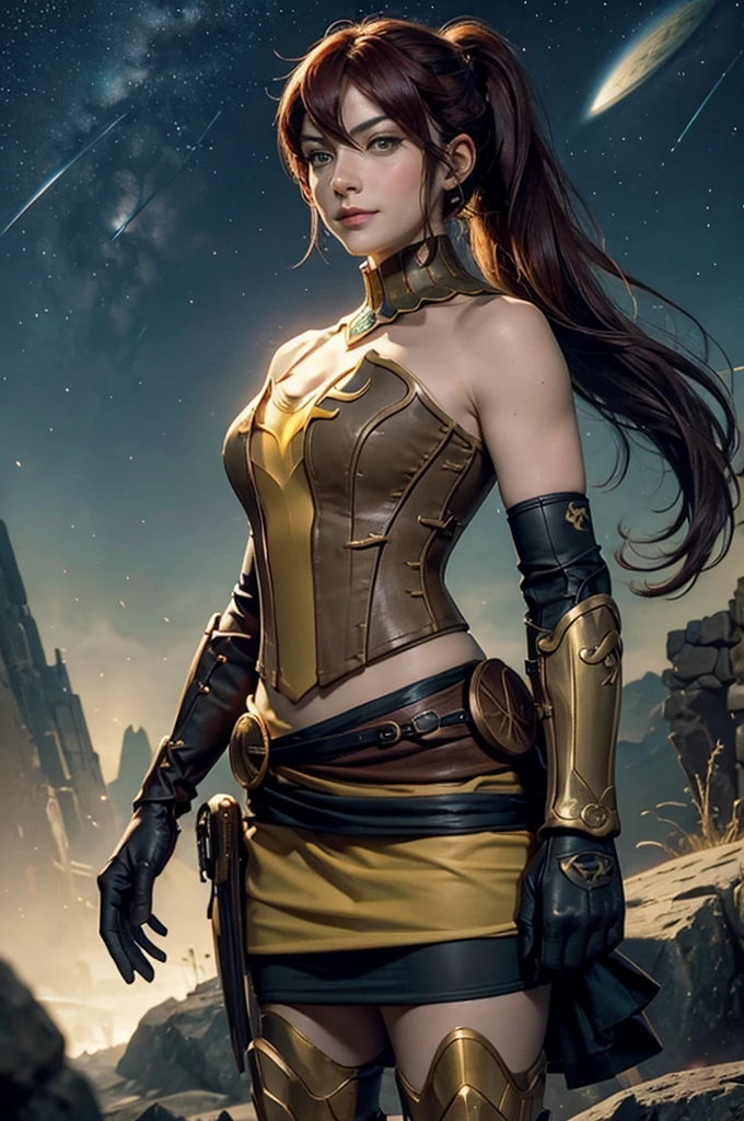 masterpiece, best quality, pyrrha nikos, ponytail, circlet, bustier, large breasts, skirt, elbow gloves, bracers, armored boots, upper body, holding shield, looking at viewer, furrowed brow, smile, forest, night, night sky, stars, standing on lunar surface, craters, distant mountains, (planet earth in the sky)