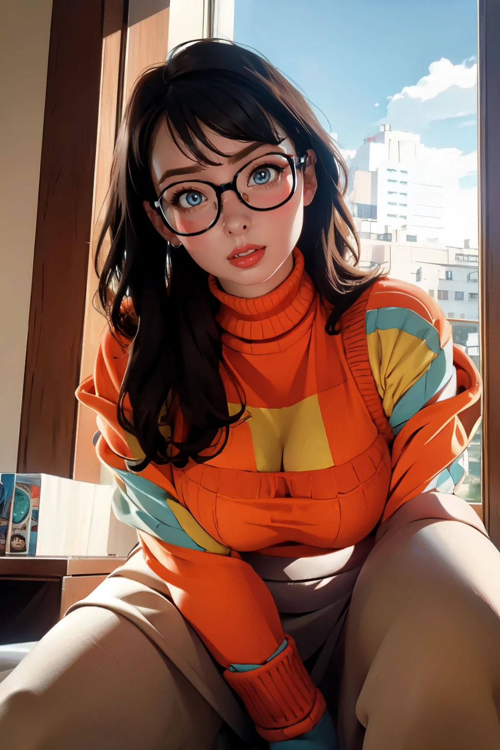 HD, 8k quality, masterpiece, Velma, dream girl huge tits, beautiful face, kissing lips, short bob hairstyle, long bangs, perfect makeup, realistic face, detailed eyes, blue eyes, brunette hair, eyelashes, smile grin, bedroom, sitting on bed, showing cameltoe, eyes at viewer, orange knitted turtle neck sweater, clear lens glasses, red school girl skirt, view from below,