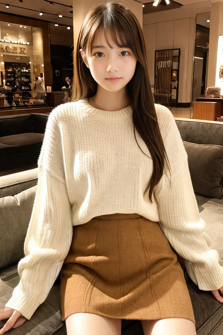 Beautiful girl wearing a mall sweater、Wool skirt、14years、japanes、livingroom、