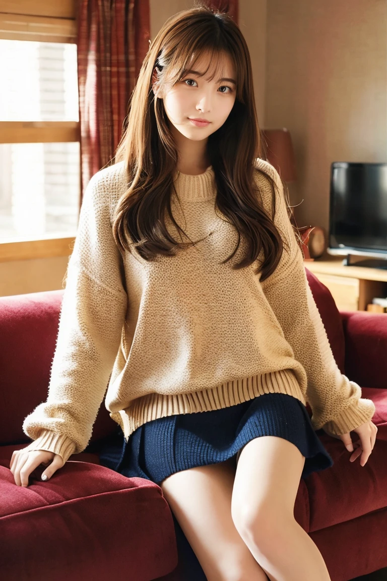 Beautiful girl wearing a mall sweater、Wool skirt、14years、japanes、livingroom、