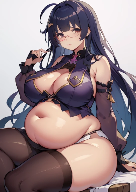 (masterpiece, best quality), 1girls, big belly, blurry background, huge belly, art by kipteitei, round belly, chubby, curvy, white button-up shirt, skirt, thighhighs, simple_background, gradient_background, belly bursting out of shirt, belly grab, enormous belly, fat belly, thicc, bigger belly, sitting on chair, really big belly, jiggly belly, shirt covering belly, belly cover by shirt, glasses