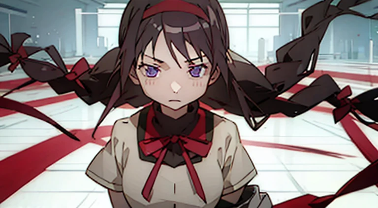 ((Best Quality)), ((masutepiece)), 1girl in，Detailed details，1girl in，long head of hair，Black headband，Purple hair，straight haired，White clothes，Red ribbon