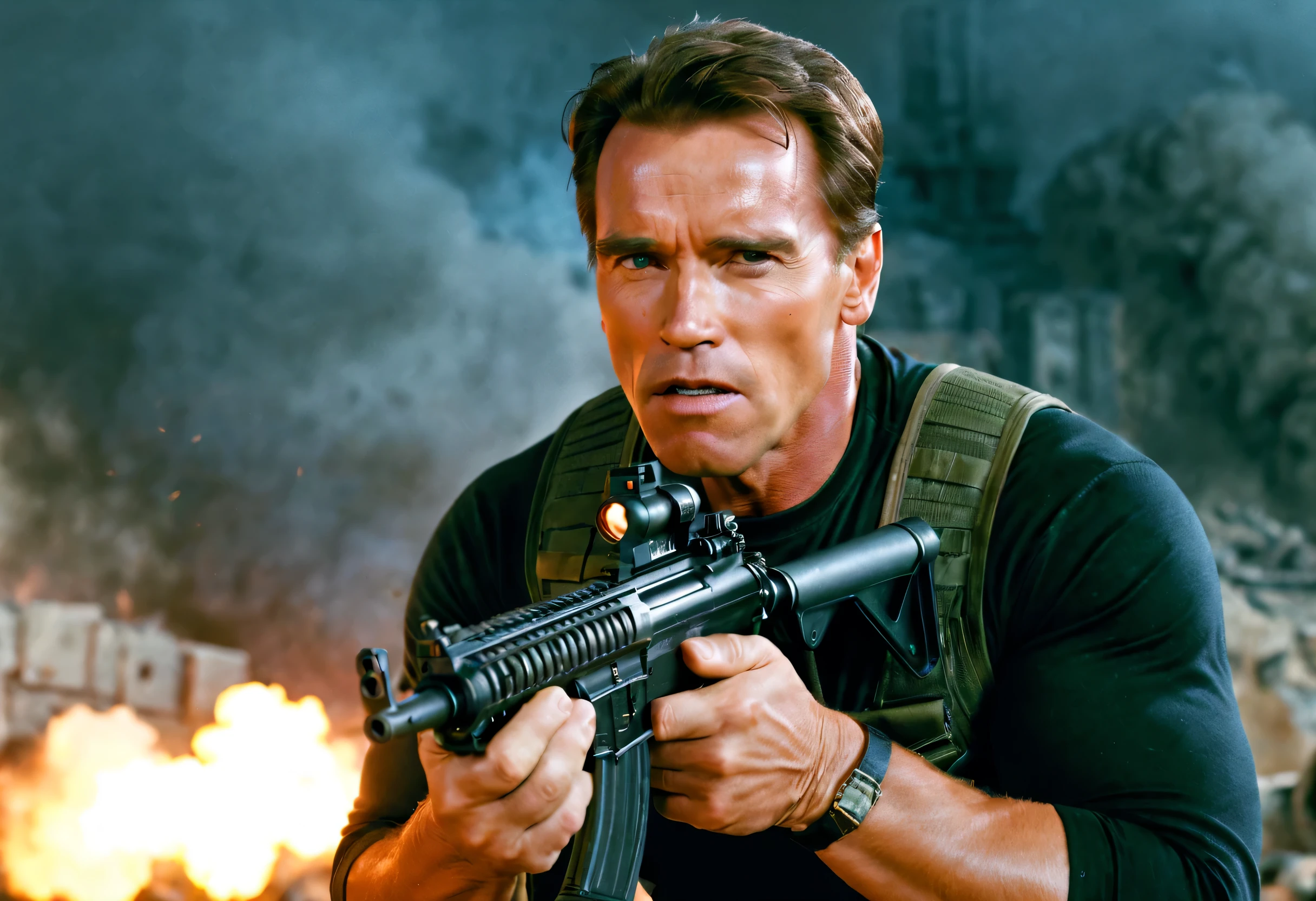 (best quality,4k,8k,highres,masterpiece:1.2),ultra-detailed,realistic:1.37,arnold schwarzenegger,brutal,vivid colors,sharp focus,rpg-7, grenade launcher, shooting,burst fire,empty casings dropped down ,explosions on background,dramatic lighting,strong shadows,physically-based rendering, determined eyes,smoke-filled air,high-contrast,