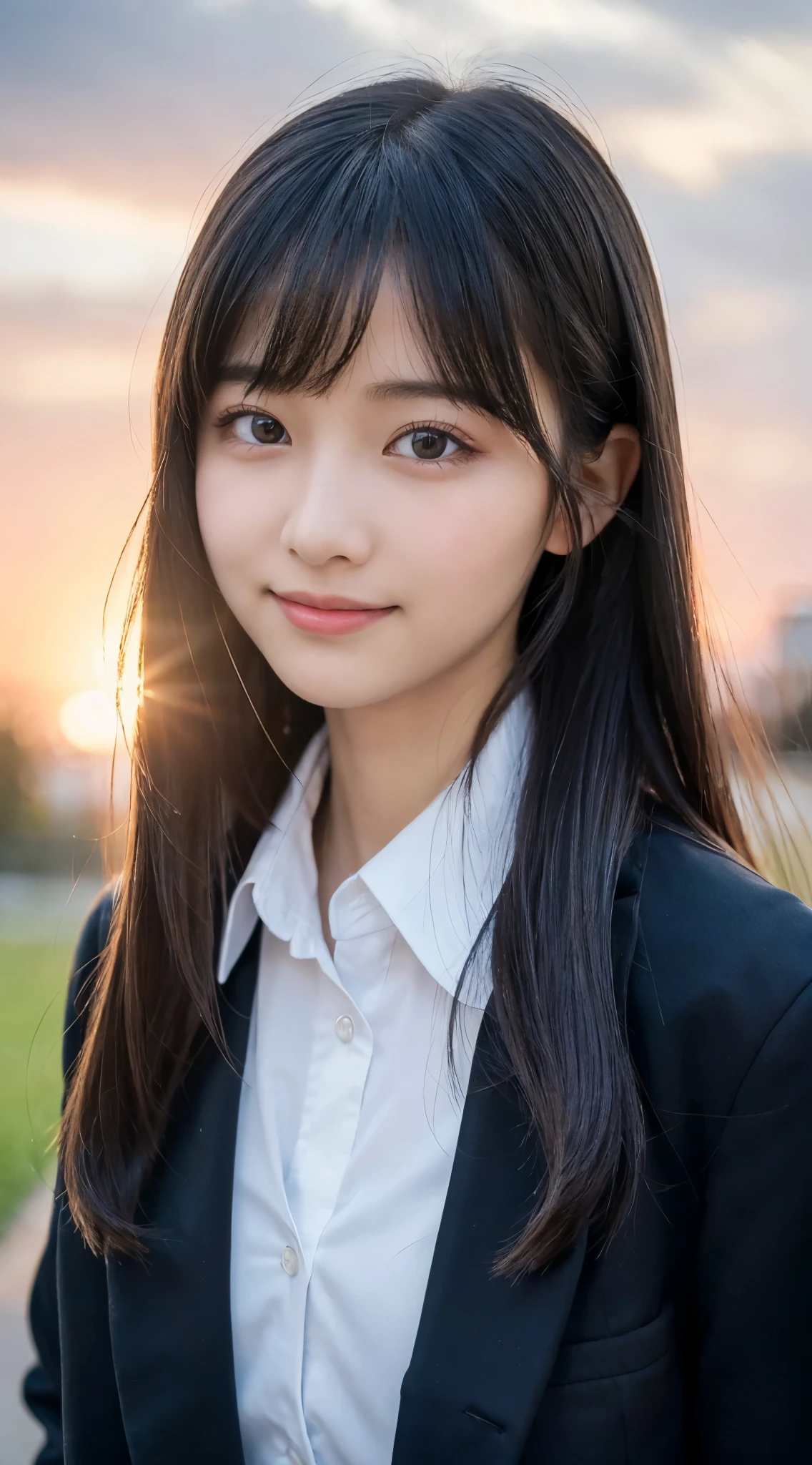 (top-quality,8K picture quality,​masterpiece:1.3),(超A high resolution,Photorealsitic:1.4,Raw photography),(ultra-detailliert,Caustics,Detailed background),(Ultra-realistic capture,Beautifully detailed skin,perfect anatomia),at the sunset,Sunset sky,school buildings,school ground,18year old,kawaii,Single eyelid,Black hair long hair,School Blazer Uniform,Looking at the camera,A smile,Bust-up shot,natural soft light