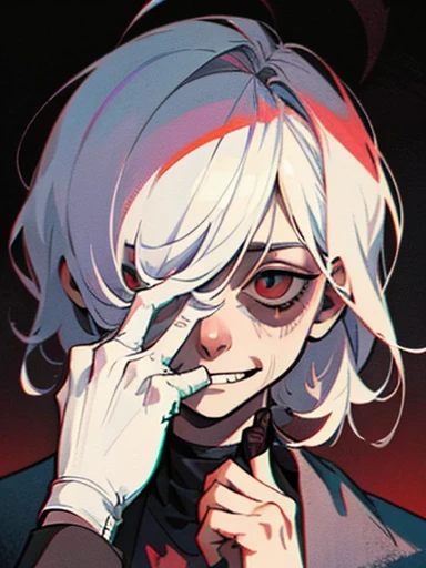 A really creepy guy, finger in front of his mouth indicating silence, hair covering half his face and covering his eyes, creepy smile, skin not so pale but white, horror, scary, 90s movie vibe