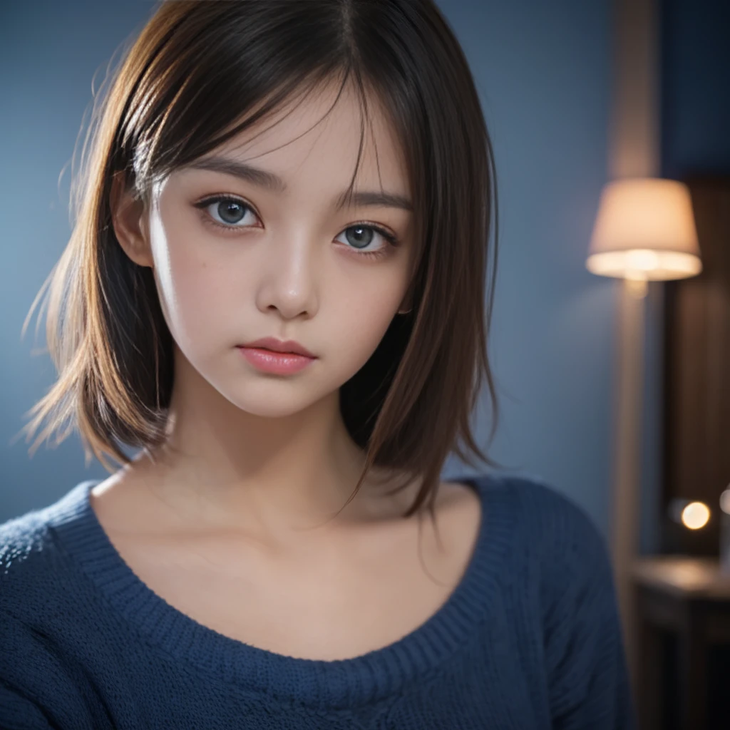 Highest Quality, ​masterpiece, unbelievably Beautiful, very delicate 8k wallpaper, Beautiful, ultra Detailed, 35mm film,  Transcendently Beautiful Girl, Japanese, Cute Girl, 25 years old,  (Ecstasy:1.4) , ((extreme close-up face:1,6)) , eye focus, (depth of field ), looking at viewer, ((Plump lips)), Short hair, hair messy, Wavy Hair, Black hair, Brown eyes, dropping eyes, Beautiful breasts, Sweaters, {{ few freckle}}, Bedrooms, (dark blue light:1.4), dark illumination, inside in room, night room, Detailed face, Detailed eyes