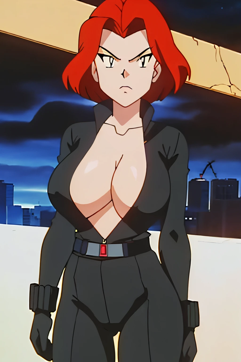 masterpiece, best quality, blkwidow, black bodysuit, black belt, unzipped, cleavage, black gloves, ((large breasts: 1.3)), night sky, cityscape,anime screencap, looking at viewer