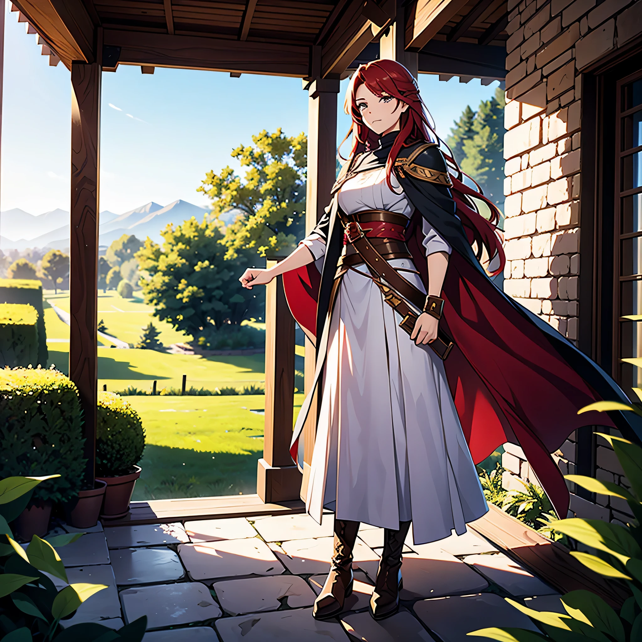 Full body portrait of Ileosa Arabasti from the Pathfinder Roleplaying Game, flowing mid-length red hair, wearing commoner clothes with boots, on the porch of a country house, serene expression, looking at the horizon, solo character