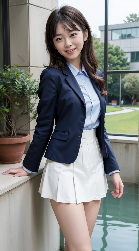 1 solo girl (8k UHD Raw fotography, Top  Quality, Masterpiece:1.45) (Raw foto:1.2), (Photorealcitic) Realistic full body smiling girl in school uniform showing white panties, Functionality of raising the skirt to reveal panties, show white panties, Flip the skirt, Flip the skirt, roll up scar by hand, Showing underwear by the pool