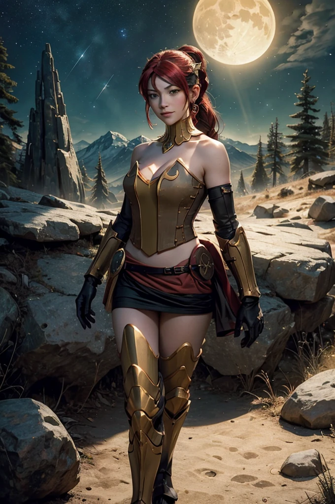 masterpiece, best quality, pyrrha nikos, ponytail, circlet, bustier, large breasts, skirt, elbow gloves, bracers, armored boots, red waist sash, looking at viewer, furrowed brow, smile, forest, night, night sky, stars, standing on lunar surface, craters, distant mountains, (planet earth in the sky)