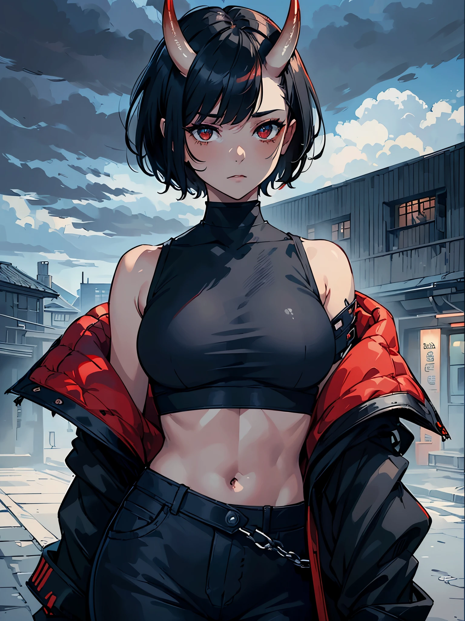 (masterpiece,best quality,ultra-detailed),1girl,red and grey crop top,(dark blue skin),(oni horns),short hair,medium hair,messy hairstyle,black hair, beautiful and detailed, detailed eyes,cloudy, night,(grey theme),looking at viewer