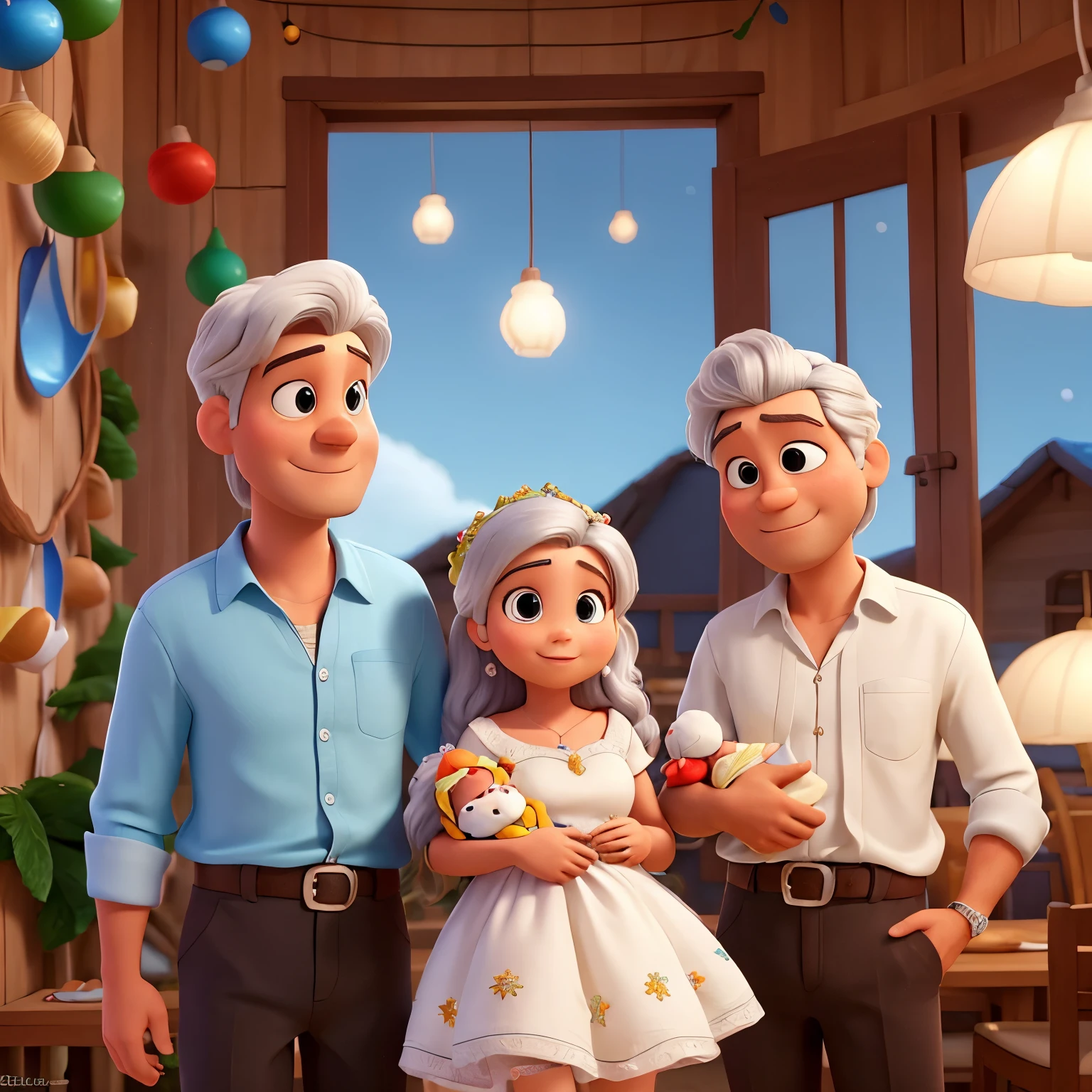 me retorna uma imagem no estilo Pixar. de um casal branco de cabelos pretos e olhos castanho, comemorando o natal junto da sua filha de 1 ano, branca com cabelos castanho claro