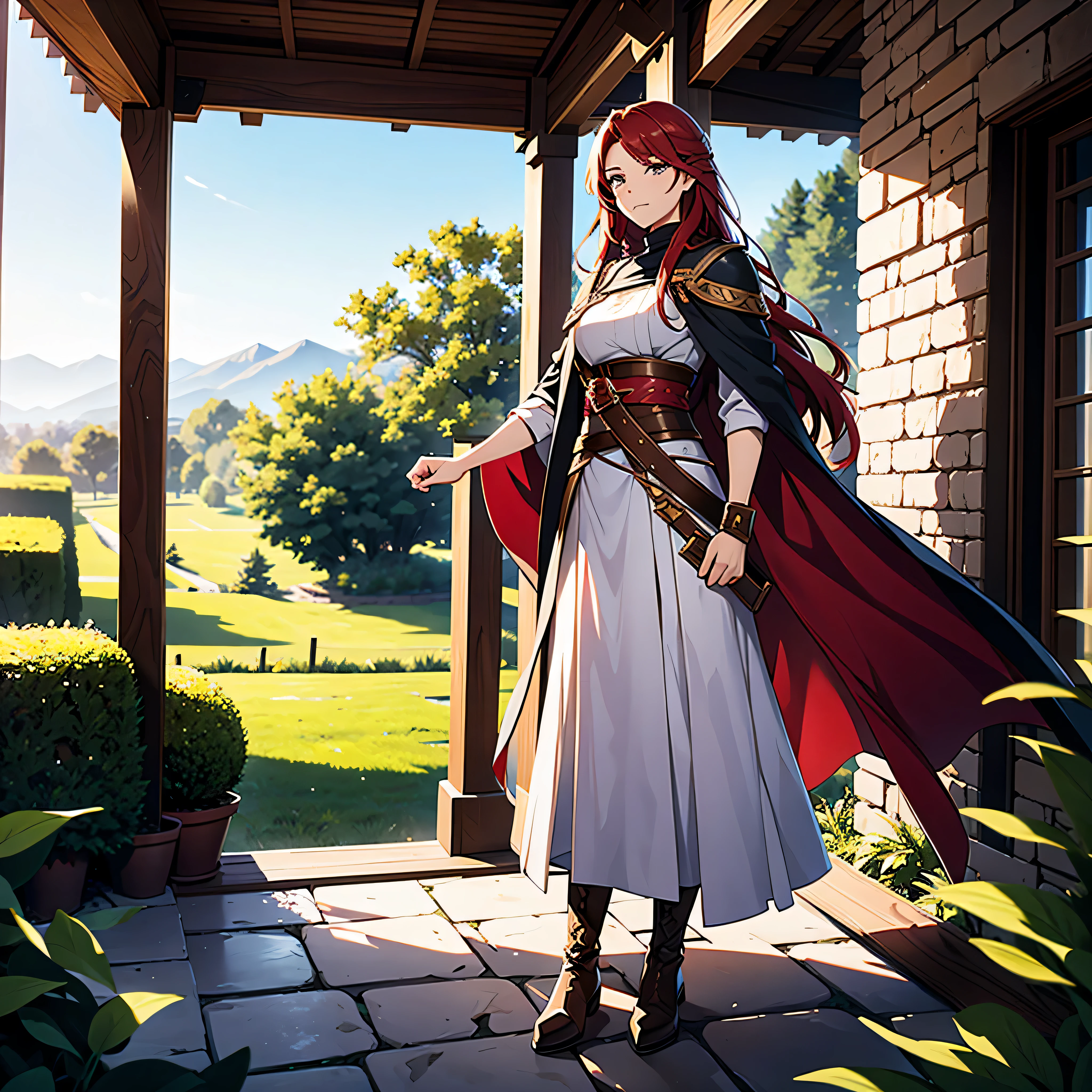 Full body portrait of Ileosa Arabasti from the Pathfinder Roleplaying Game, flowing mid-length red hair, wearing commoner clothes with boots, on the porch of a country house, serene expression, looking at the horizon, solo character