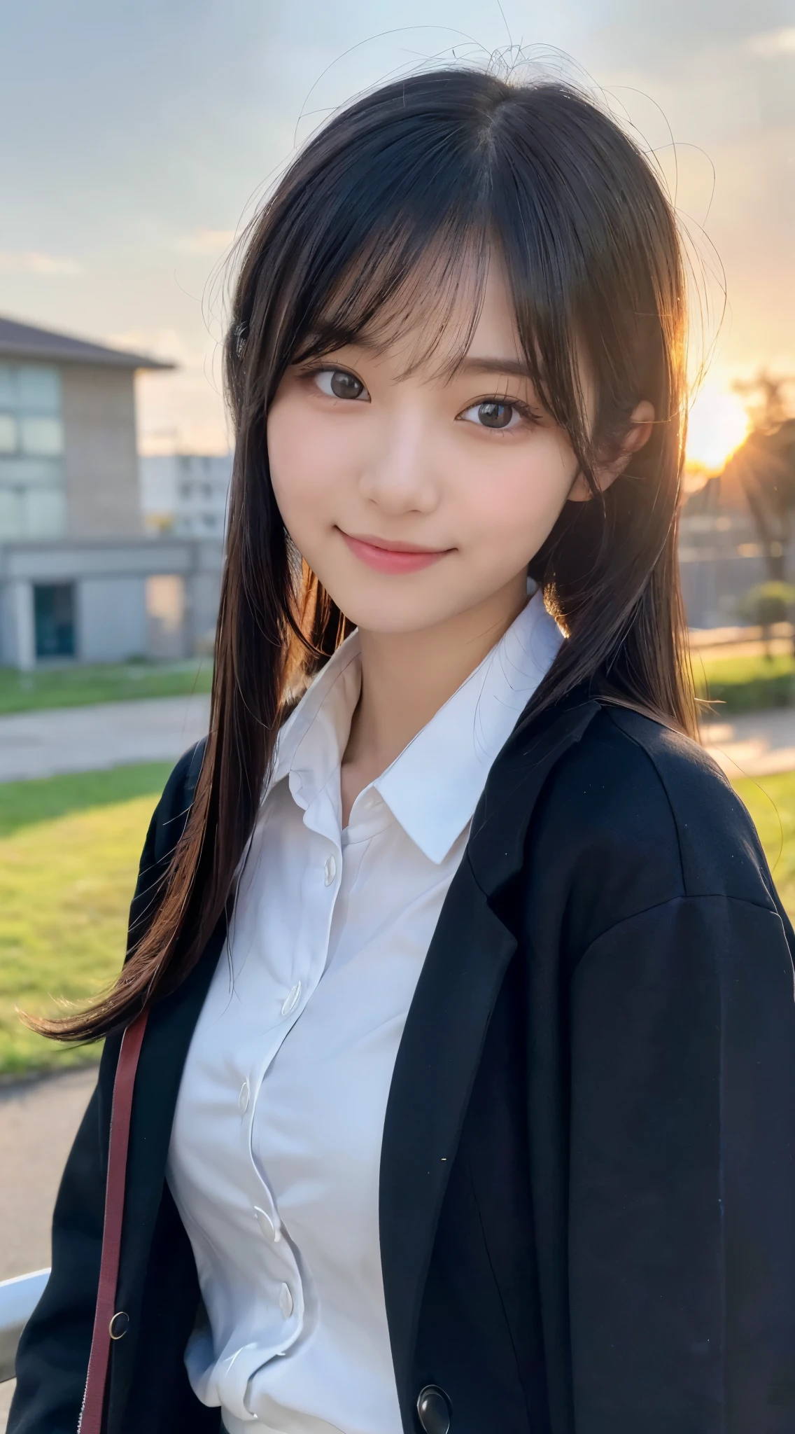 (top-quality,8K picture quality,​masterpiece:1.3),(超A high resolution,Photorealsitic:1.4,Raw photography),(ultra-detailliert,Caustics,Detailed background),(Ultra-realistic capture,Beautifully detailed skin,perfect anatomia),at the sunset,Sunset sky,school buildings,school ground,18year old,kawaii,Single eyelid,Black hair long hair,School Blazer Uniform,Looking at the camera,A smile,Bust-up shot,natural soft light、(8K, Raw photo, Best Quality, masutepiece: 1.45), (Realistic, PhotoRealistic: 1.37),