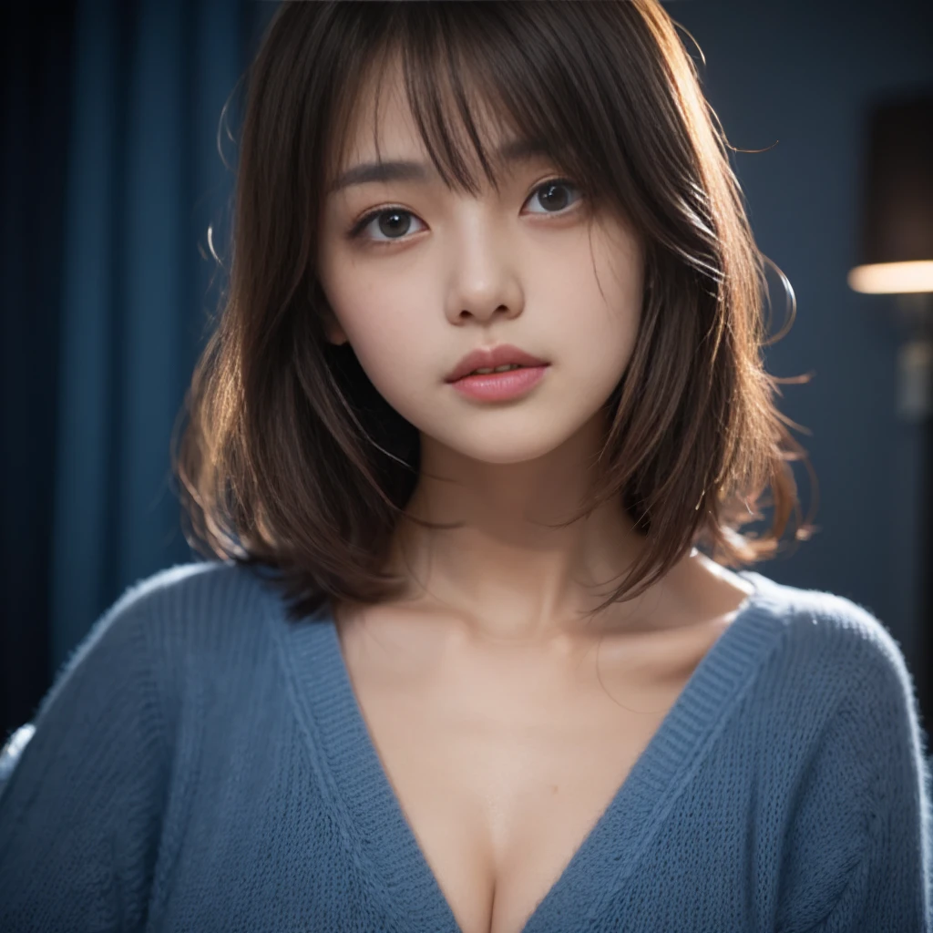 Highest Quality, ​masterpiece, unbelievably Beautiful, very delicate 8k wallpaper, Beautiful, ultra Detailed, 35mm film,  Transcendently Beautiful Girl, Japanese, Cute Girl, solo, 25 years old,  (Ecstasy:1.4) , ((extreme close-up face:1,6)) , eye focus, (depth of field ), looking at viewer, ((Plump lips)), Short hair, hair messy, Wavy Hair, Black hair, Brown eyes,{less mole}, dropping eyes, Beautiful breasts, Sweaters, {{ few freckle}}, Bedrooms, (dark blue light:1.4), dark illumination, inside in room, night room, Detailed face, Detailed eyes