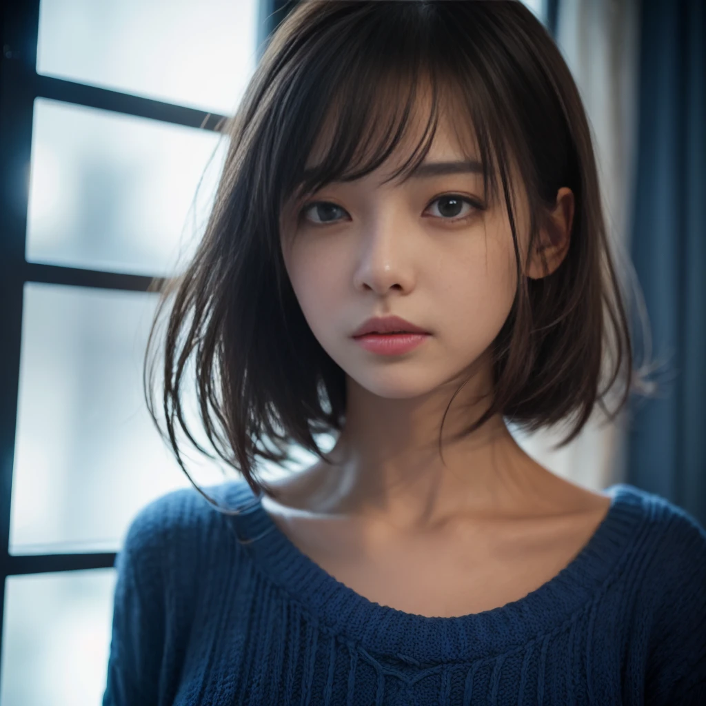 Highest Quality, masterpiece, unbelievably Beautiful, very delicate 8k wallpaper, Beautiful, ultra Detailed, 35mm film, Transcendently Beautiful Girl, Japanese, Cute Girl, solo, 25 years old, (Ecstasy:1.4) , ((extreme close-up face:1,6)) , eye focus, (depth of field ), looking at viewer, ((Plump lips)), Short hair, hair messy, Wavy Hair, Black hair, Brown eyes,{less mole}, dropping eyes, Beautiful breasts, Sweaters, {{ few freckle}}, Bedrooms, (dark blue light:1.4), dark illumination, inside in room, night room, Detailed face, Detailed eyes
