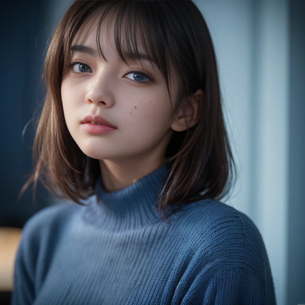 Highest Quality, ​masterpiece, unbelievably Beautiful, very delicate 8k wallpaper, Beautiful, ultra Detailed, 35mm film,  Transcendently Beautiful Girl, Japanese, Cute Girl, 25 years old,  (Ecstasy:1.4) , ((extreme close-up face:1,6)) , eye focus, (depth of field ), looking at viewer, ((From directly below)), ((Plump lips)), Short hair, hair messy, Wavy Hair, Black hair, Brown eyes, Beautiful breasts, Sweaters, freckle, Bedrooms, (dark blue light:1.6), dark illumination, inside in room, night room,  Detailed face, Detailed eyes