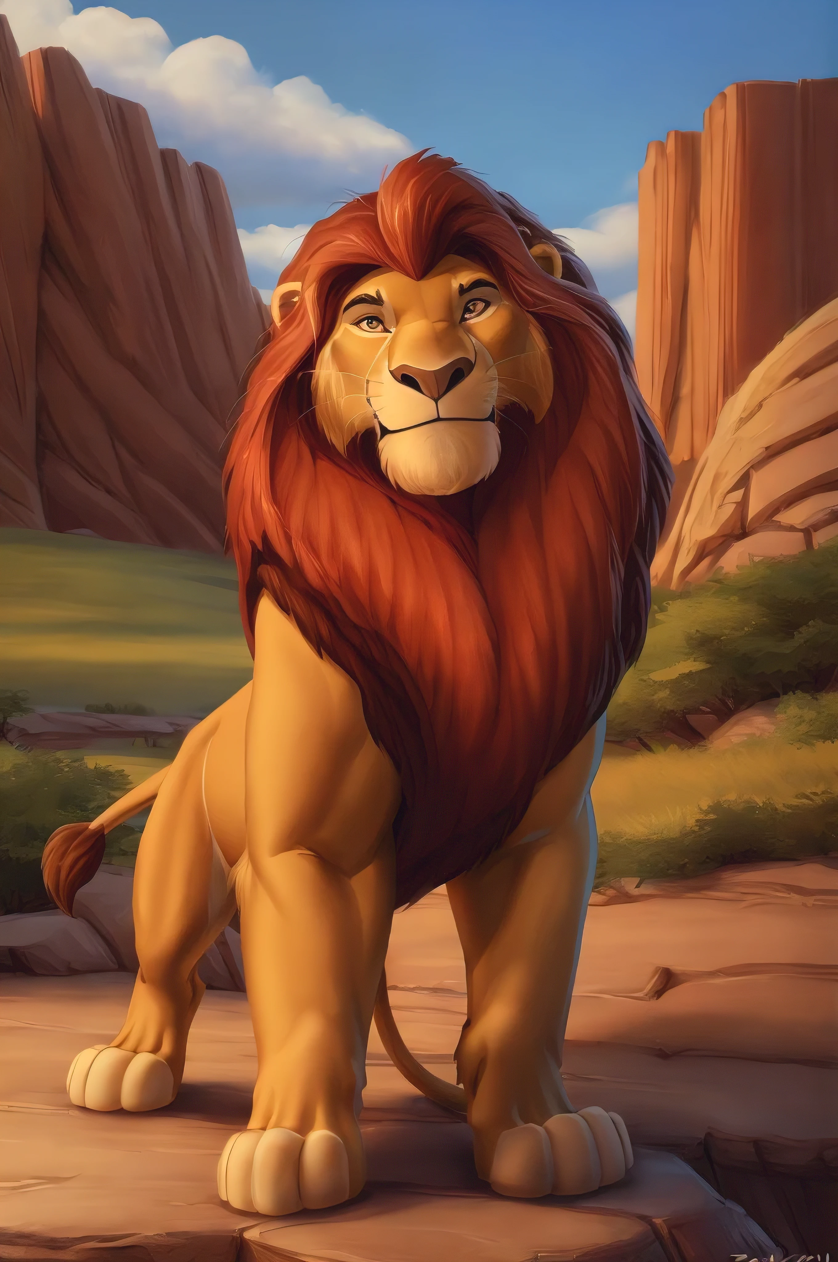 Mufasa, (Posar:1.3), (Posando:1.3), (sombreamento suave), 4k, oi nada, cinco dedos, circunstanciado hands, ((circunstanciado face, (circunstanciado eyes:1.0), circunstanciado)), por zackarry911, por zaush, (por personalami:0.5), bravio, Olhando para o Viewer, sorrir, lion ears, Lion's tail,