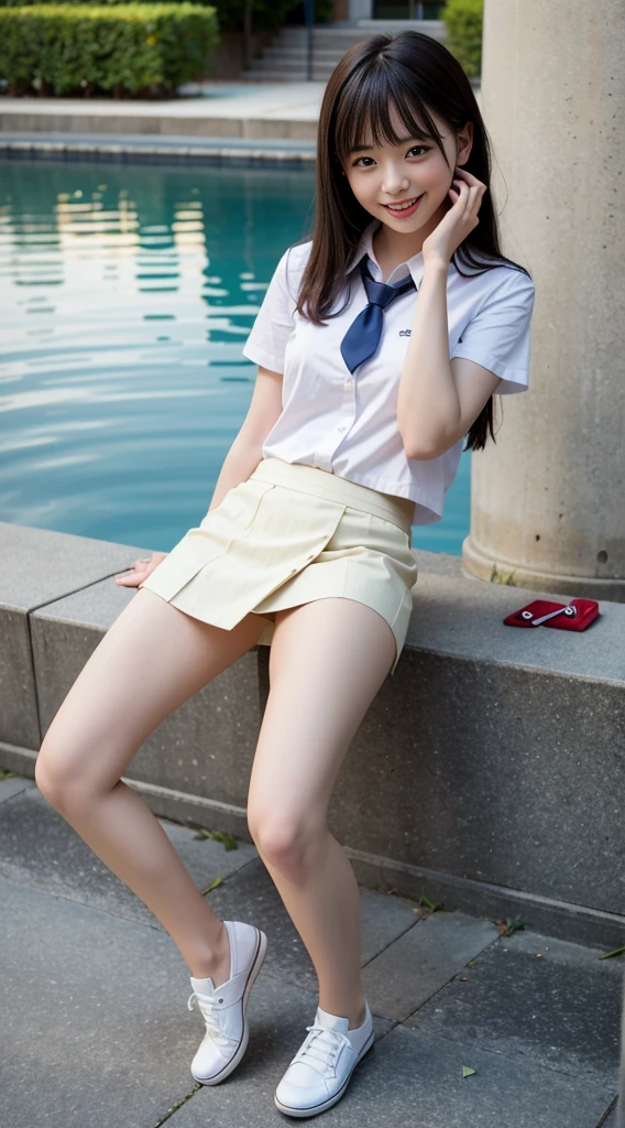 1 solo girl (8k UHD Raw fotography, Top Quality, Masterpiece:1.45) (Raw foto:1.2), (Photorealcitic) Realistic full body smiling girl in school uniform showing white panties, Functionality of raising the skirt to reveal panties, show white panties, Flip the skirt, Flip the skirt, roll up scar by hand, Showing underwear by the pool
