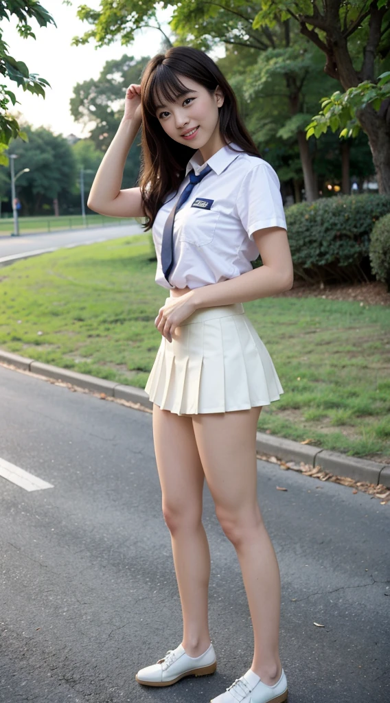 1 solo girl (8k UHD Raw fotography, Top  Quality, Masterpiece:1.45) (Raw foto:1.2), (Photorealcitic) Realistic full body smiling girl in school uniform showing white panties, Functionality of raising the skirt to reveal panties, show white panties, Flip the skirt, Flip the skirt, roll up scar by hand, Showing underwear by the pool