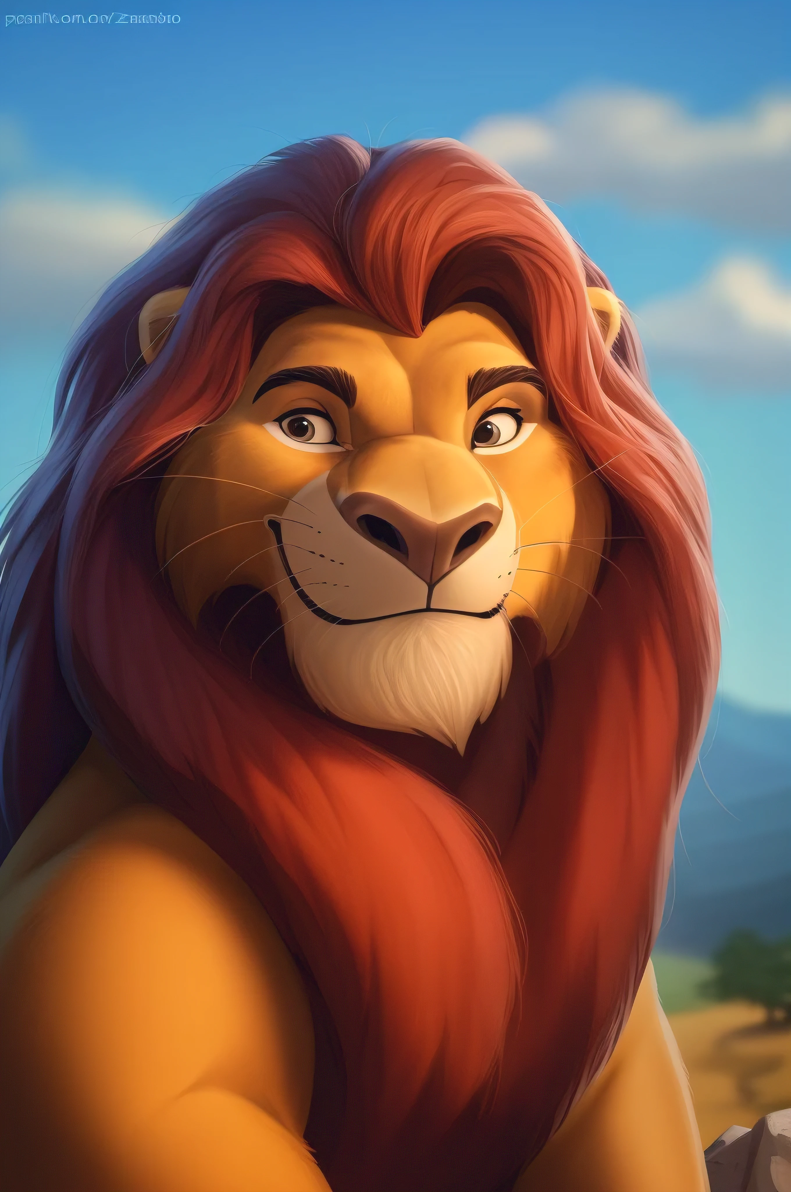 Mufasa, (poser:1.osing:1.3), (sombreamento suave), 4k, oi nada, Cinco dedos, circumstantial hands, ((rosto circunstanciado, (olhos circunstanciados:1.0), circunstanciado)), por zackarry911, por zaush, (por personalami:0.5), sorrir, 1st grade, Foco masculino, Bigodes, Close-up, retrato,