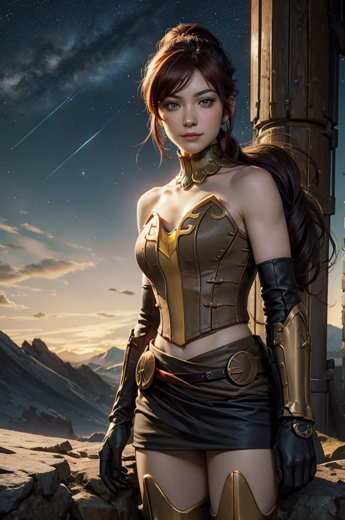 masterpiece, best quality, pyrrha nikos, ponytail, circlet, bustier, large breasts, skirt, elbow gloves, bracers, armored boots, red waist sash, looking at viewer, furrowed brow, smile, forest, night, night sky, stars, standing on lunar surface, craters, distant mountains, (planet earth in the sky)