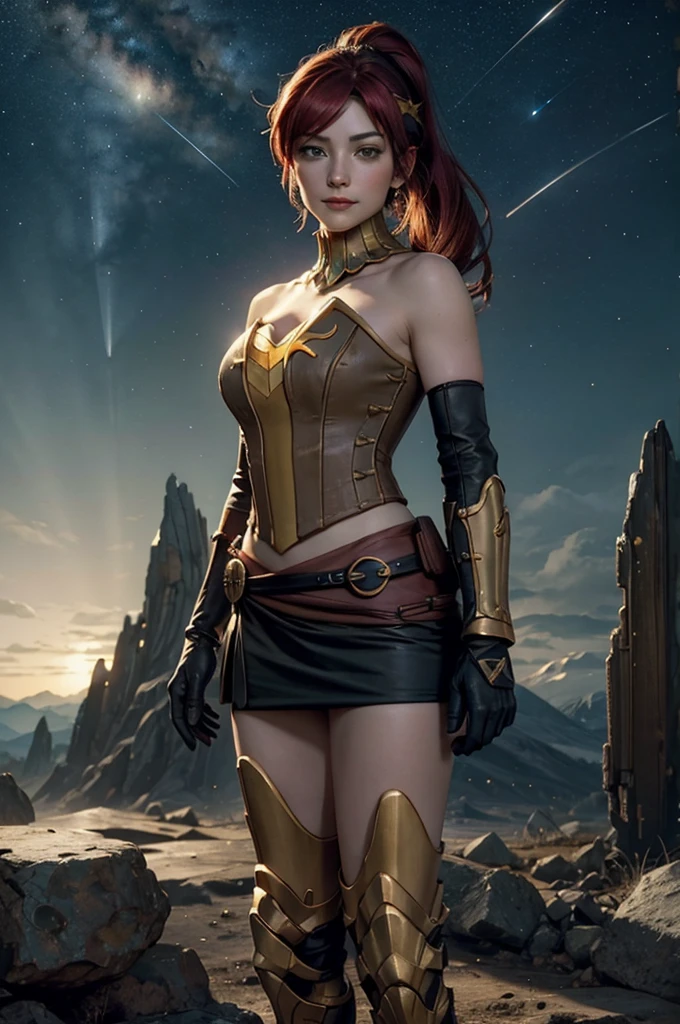 masterpiece, best quality, pyrrha nikos, ponytail, circlet, bustier, large breasts, skirt, elbow gloves, bracers, armored boots, red waist sash, looking at viewer, furrowed brow, smile, forest, night, night sky, stars, standing on lunar surface, craters, distant mountains, (planet earth in the sky)