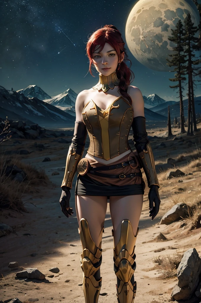 masterpiece, best quality, pyrrha nikos, ponytail, circlet, bustier, large breasts, skirt, elbow gloves, bracers, armored boots, red waist sash, looking at viewer, furrowed brow, smile, forest, night, night sky, stars, standing on lunar surface, craters, distant mountains, (planet earth in the sky)