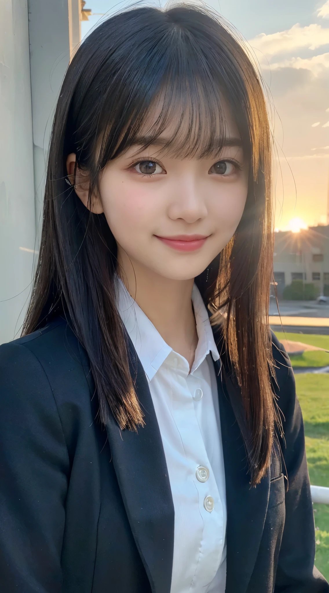 (top-quality,8K picture quality,masterpiece:1.3),(超A high resolution,Photorealsitic:1.4,Raw photography),(ultra-detailliert,Caustics,Detailed background),(Ultra-realistic capture,Beautifully detailed skin,perfect anatomia),at the sunset,Sunset sky,school buildings,school ground,18year old,kawaii,Single eyelid,Black hair long hair,School Blazer Uniform,Looking at the camera,A smile,Bust-up shot,natural soft light、(8K, Raw photo, Best Quality, masutepiece: 1.45), (Realistic, PhotoRealistic: 1.37),