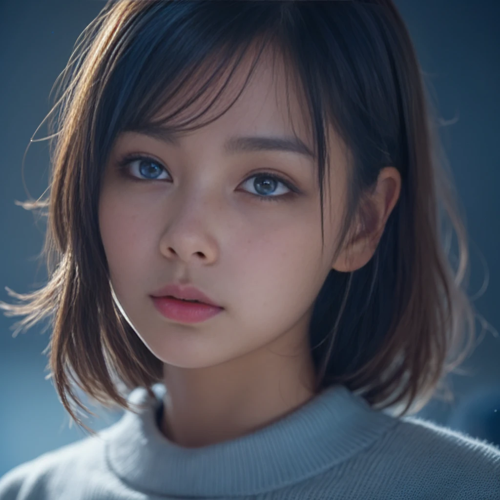 Highest Quality, ​masterpiece, unbelievably Beautiful, very delicate 8k wallpaper, Beautiful, ultra Detailed, 35mm film,  Transcendently Beautiful Girl, Japanese, Cute Girl, 25 years old,  (Ecstasy:1.4) , ((extreme close-up face:1,6)) , eye focus, (depth of field ), looking at viewer, ((From directly below)), ((Plump lips)), Short hair, hair messy, Wavy Hair, Black hair, Brown eyes, Beautiful breasts, Sweaters, {{ few freckle}}, Bedrooms, (dark blue light:1.6), dark illumination, inside in room, night room,  Detailed face, Detailed eyes