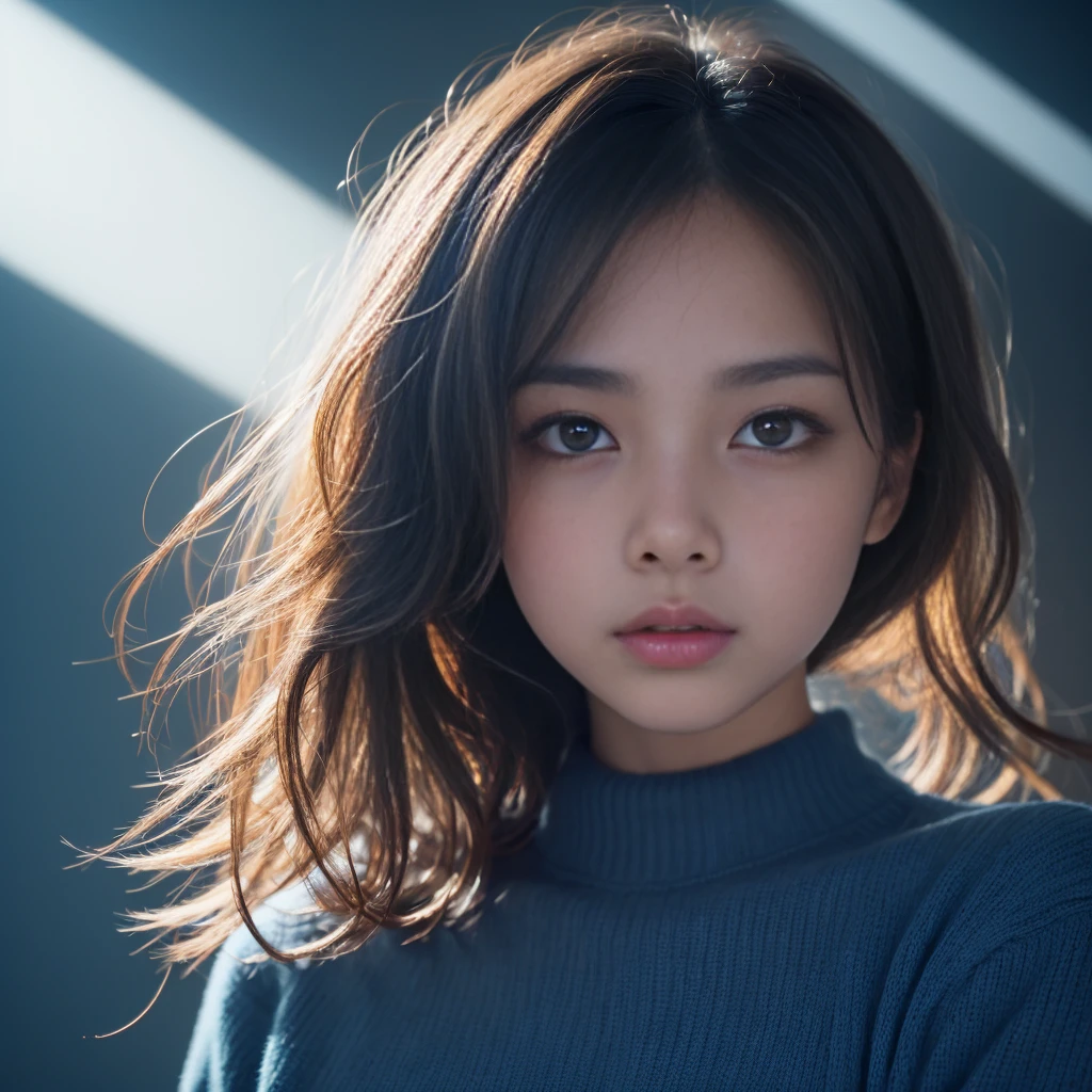 Highest Quality, masterpiece, unbelievably Beautiful, very delicate 8k wallpaper, Beautiful, ultra Detailed, 35mm film, Transcendently Beautiful Girl, Japanese, Cute Girl, 25 years old, (Ecstasy:1.4) , ((extreme close-up face:1,6)) , eye focus, (depth of field ), looking at viewer, ((From directly below)), ((Plump lips)), Short hair, hair messy, Wavy Hair, Black hair, Brown eyes, Beautiful breasts, Sweaters, {{ few freckle}}, Bedrooms, (dark blue light:1.6), dark illumination, inside in room, night room, Detailed face, Detailed eyes