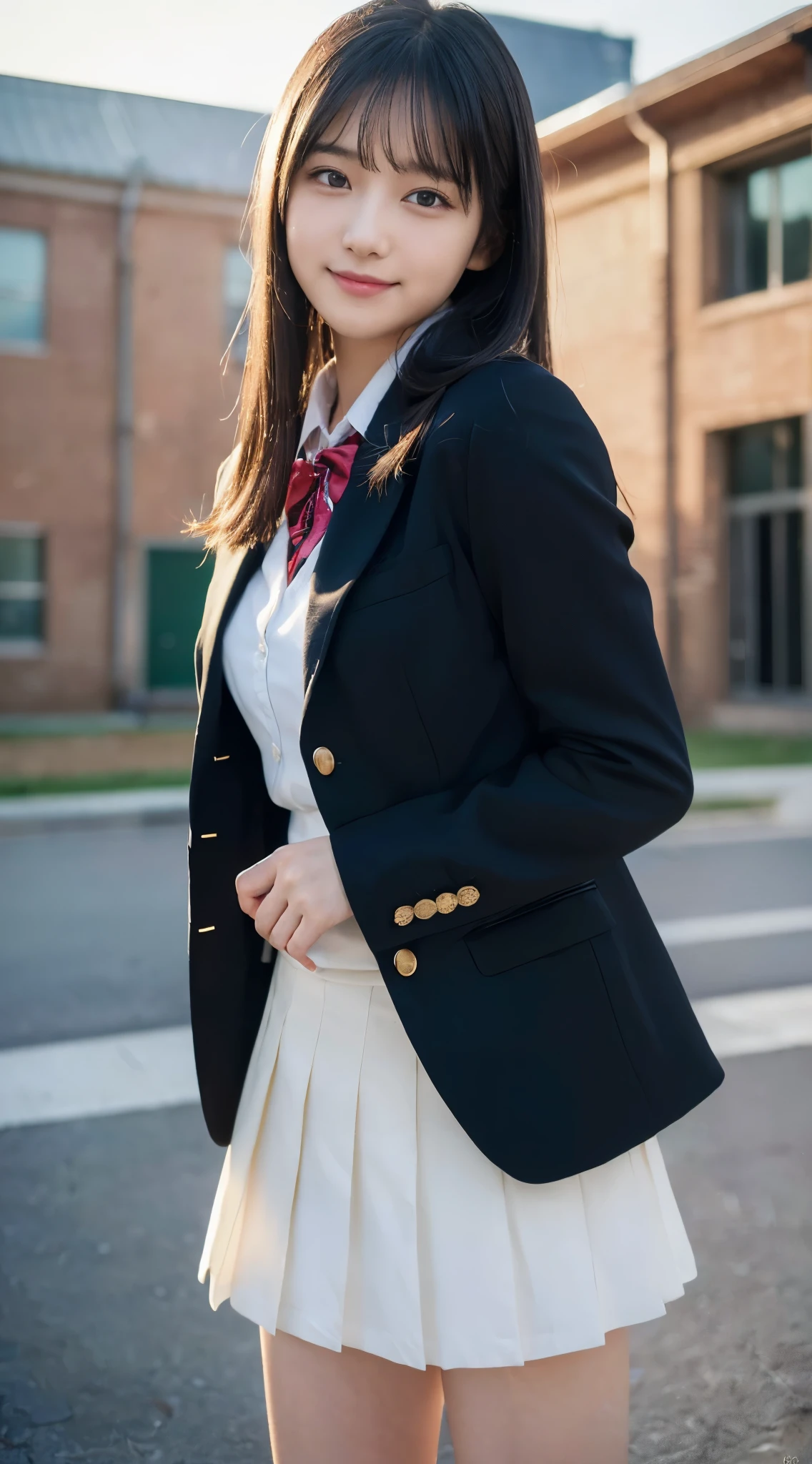 (top-quality,8K picture quality,masterpiece:1.3),(超A high resolution,Photorealsitic:1.4,Raw photography),(ultra-detailliert,Caustics,Detailed background),(Ultra-realistic capture,Beautifully detailed skin,perfect anatomia),at the sunset,Sunset sky,school buildings,school ground,18year old,kawaii,Single eyelid,Black hair long hair,School Blazer Uniform,Looking at the camera,A smile,Bust-up shot,natural soft light、(8K, Raw photo, Best Quality, masutepiece: 1.45), (Realistic, PhotoRealistic: 1.37),